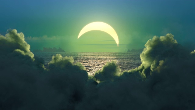 绿色星球。云(阿尔法席子)覆盖日食，云在日落时建立，幻想多云日落。视频下载