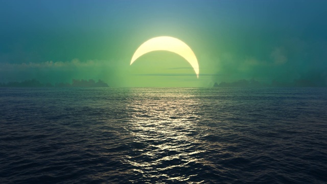 绿色星球-日落和日食无缝环海洋。视频下载