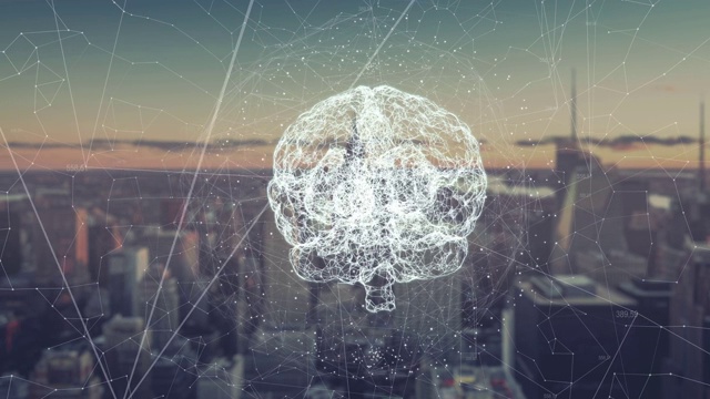 脑全息图的数字动画。全息渲染大脑，以摩天大楼为背景。业务流程和通信、技术、连接的概念视频下载