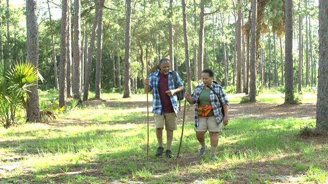 一对非洲裔美国老年夫妇在树林里徒步旅行视频下载