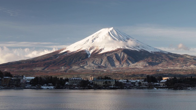 日本，白雪皑皑的富士山和川口湖。视频素材