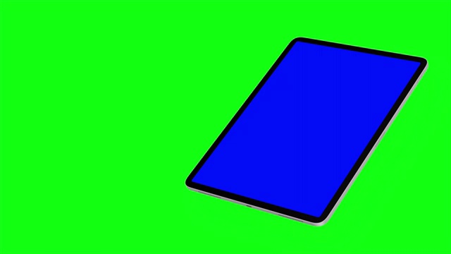 黑色平板电脑打开绿色背景。易于定制的蓝屏。计算机生成图像。视频素材