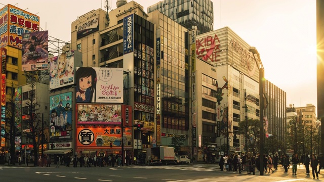 人群行走在秋叶原，东京，日本，时间流逝宽短倾斜下来视频下载
