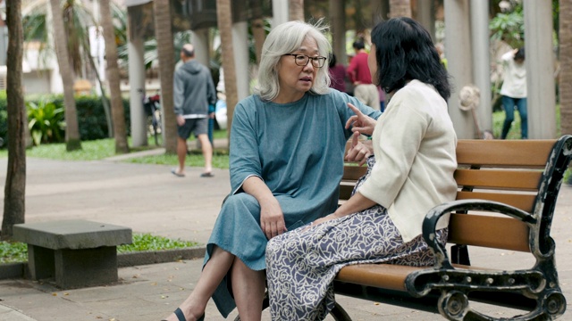 两位年长的女士坐在长凳上视频下载