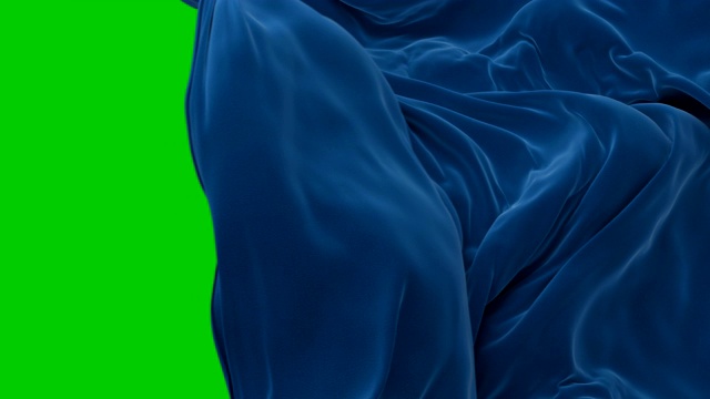 抽象的大蓝色布表面在风中飘扬，揭示背景移动。3d动画过渡开放背景与绿色屏幕，阿尔法蒙版。视频素材