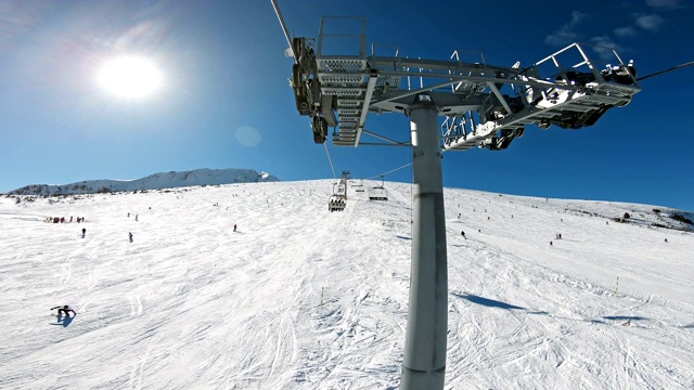 在阳光明媚的日子里，保加利亚班斯科世界杯滑雪胜地的托多尔卡山顶上的山脉景观与滑雪坡道和滑雪缆车一起波夫视频素材