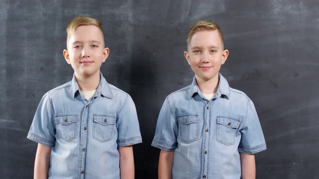 白种同卵双胞胎靠着黑板摆姿势视频下载