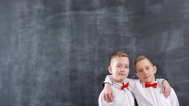 白人双胞胎抱着黑板摆姿势视频素材