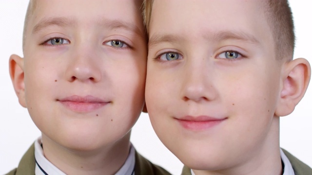 白种人蓝眼睛同卵双胞胎一起摆姿势视频下载