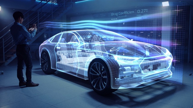 电动汽车底盘平台的汽车工程师，使用平板电脑和增强现实3D软件。创新设施:车辆虚拟网格模型进行空气动力学测试。视频素材