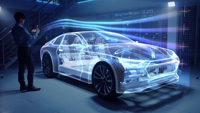 电动汽车底盘平台的汽车工程师，使用平板电脑和增强现实3D软件。在数字风洞中对车辆虚拟网格模型进行了测试。视频素材