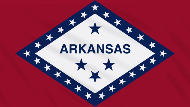 阿肯色州的旗帜在风中飘扬，以环形为背景视频素材