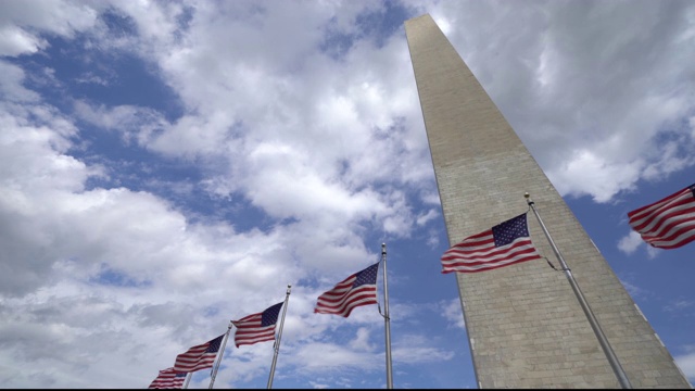 美国国旗在风中飘扬，华盛顿纪念碑沿着国家广场。多云的天空视频素材
