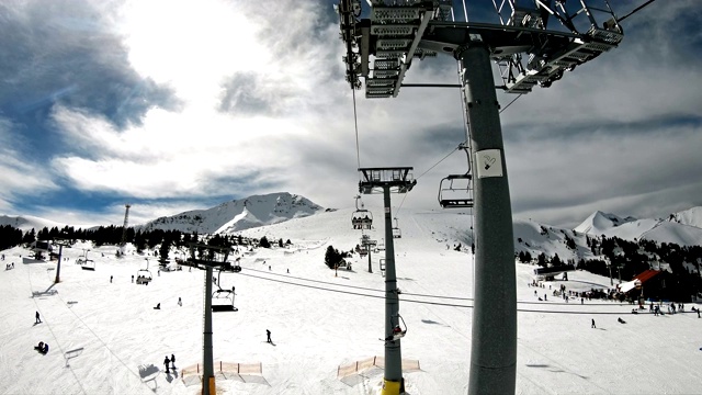 在晴朗的天空下，滑雪者和滑雪板爱好者在雪林、滑雪缆车和山脉的背景下，在一个滑雪场的斜坡上下坡，POV，慢动作视频素材