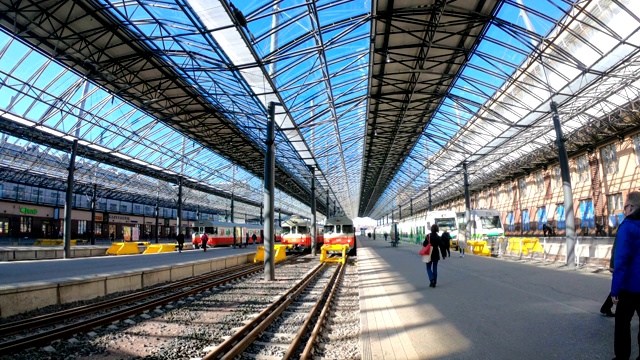 运动高峰时段赫尔辛基中央车站月台出发至到达旅客的时间流逝。视频素材