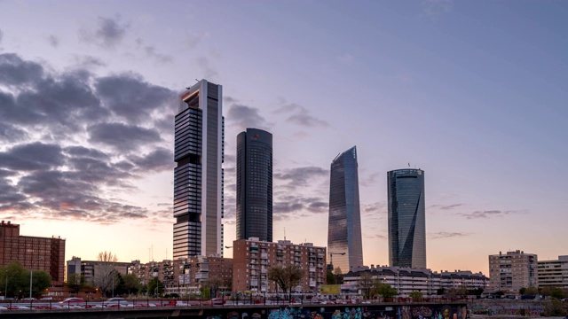 西班牙马德里时间流逝4K，城市天际线日夜日落时间流逝在金融区四塔视频素材