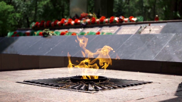 永恒的火焰以慢镜头在纪念碑附近美丽地燃烧着视频下载
