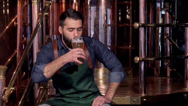快乐的啤酒制造商在他的啤酒厂休息工作后，喝着美味的啤酒视频下载