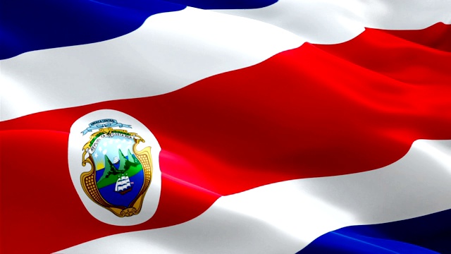 哥斯达黎加国旗视频在风中飘扬。现实的哥斯达黎加国旗背景。哥斯达黎加旗帜循环特写1080p全高清1920X1080镜头。哥斯达黎加国家旗帜录像电影，新闻视频下载