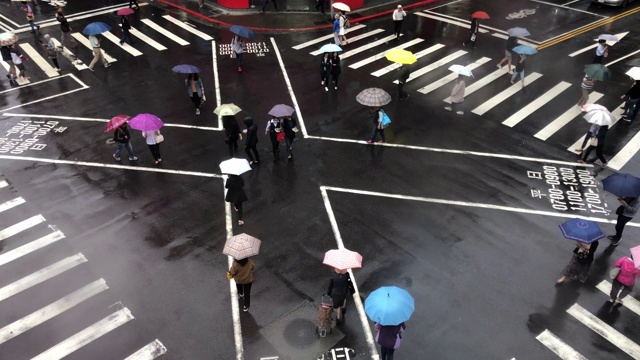 行人在雨中过街，人们拿着雨伞鸟瞰视频素材