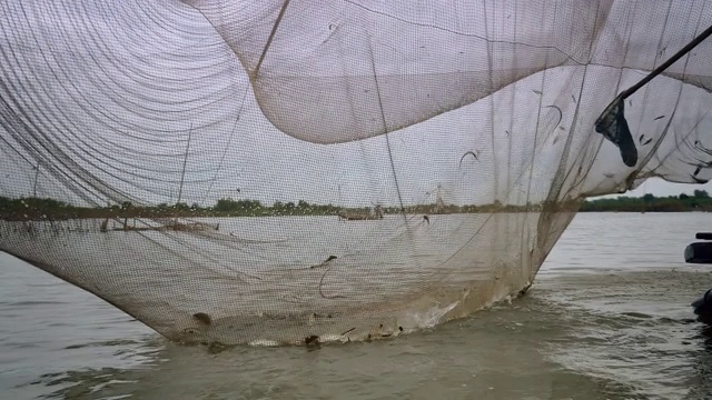 水位视图上的河流中国渔网和渔民用手网捕鱼出来视频下载