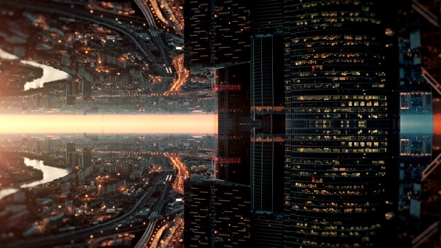 未来城市的空中背景。镜面效果视频素材