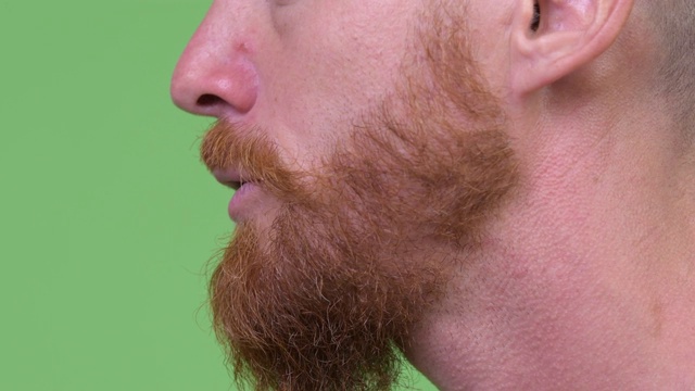 大胡子男人说话的嘴的特写侧面视图视频下载