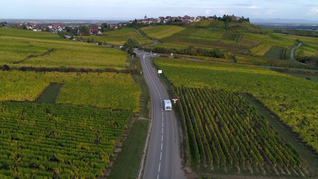 空中向前:穿过法国Riquewihr公路与该地区的视野视频素材