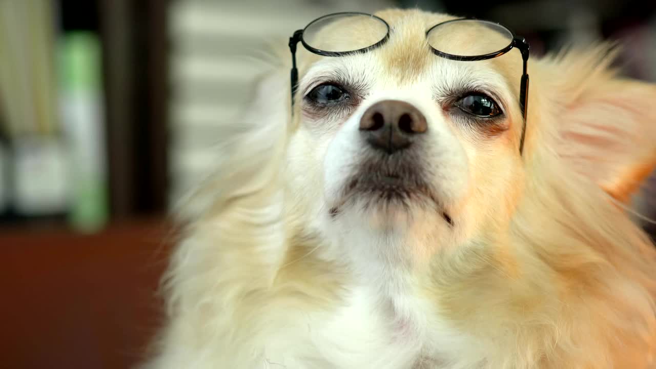 可爱的棕色头发吉娃娃幸福地戴着眼镜假装聪明有趣的宠物概念视频素材