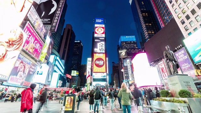 4K时间流逝的人群匿名游客步行和访问时代广场地区在黄昏时间，美国，纽约，美国，旅游和地标的商业概念视频素材