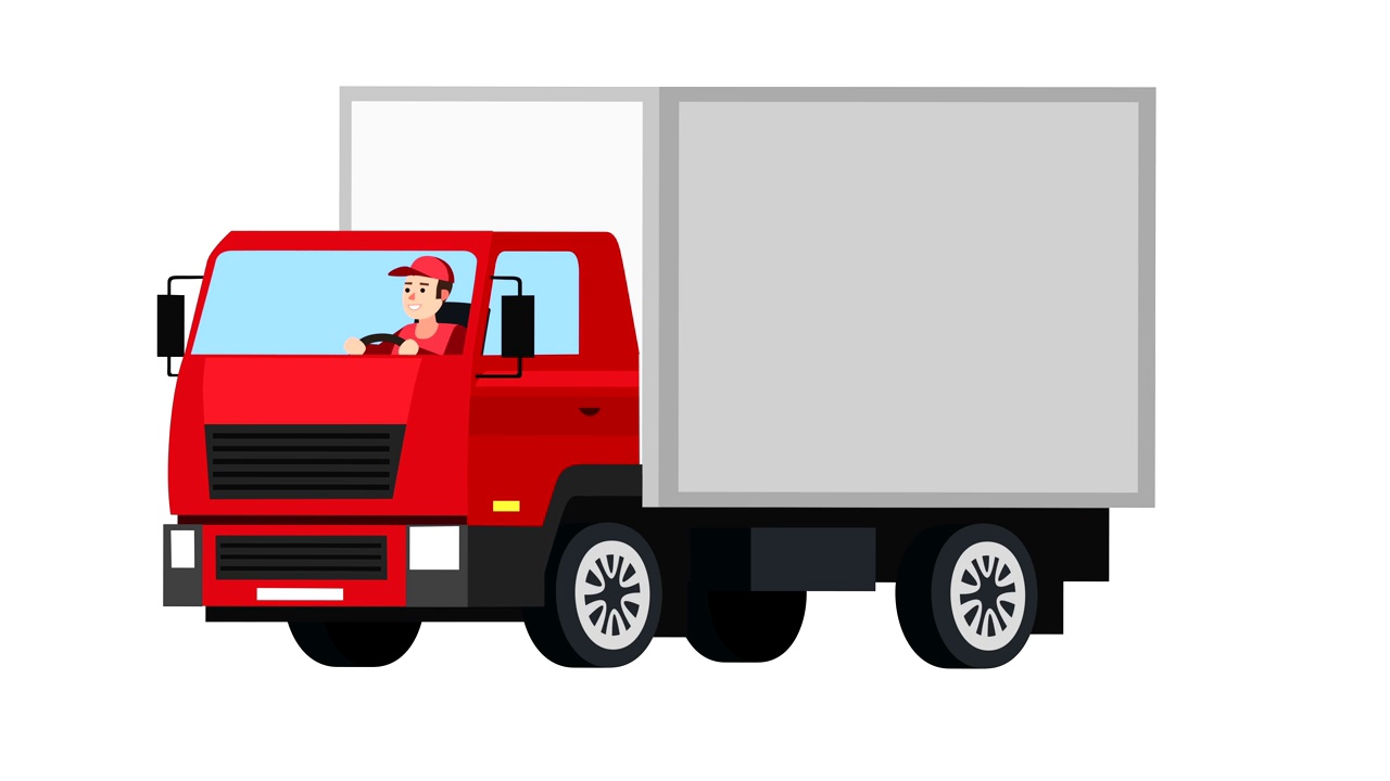 卡通平面孤立的红色卡车汽车动画与男子角色司机视频下载