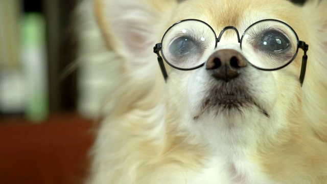 可爱的棕色头发吉娃娃幸福戴眼镜假装聪明有趣的宠物概念视频素材