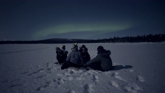 广角:一群人坐在雪地上的夜晚视频下载