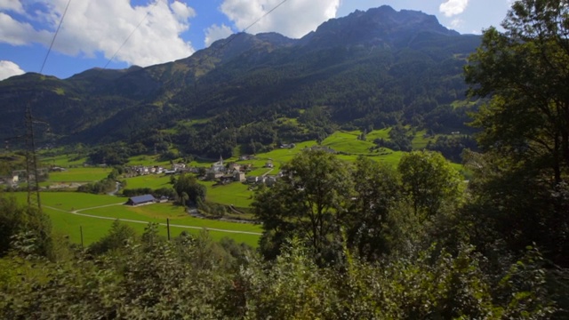 POV:山和分散的房子在一个郁郁葱葱的山谷之外的树木从移动的火车-瑞士阿尔卑斯山，瑞士视频素材