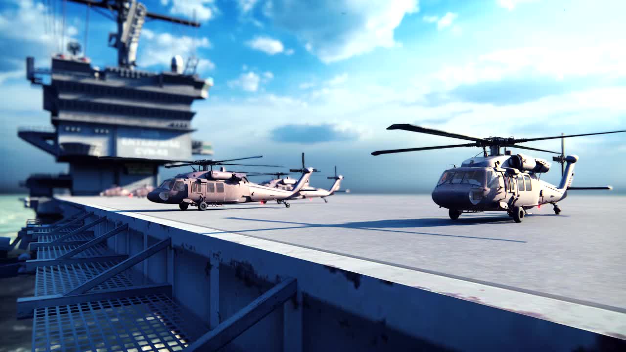 晴朗的一天，在一望无际的蓝色大海上，军用直升机“黑鹰”从航空母舰上起飞视频素材