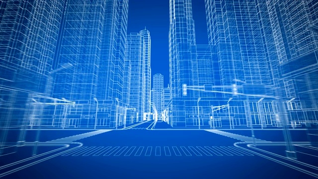 美丽的现代城市通过数字3d蓝图道路视图。施工与技术概念。蓝色3d动画循环。短的版本。视频下载