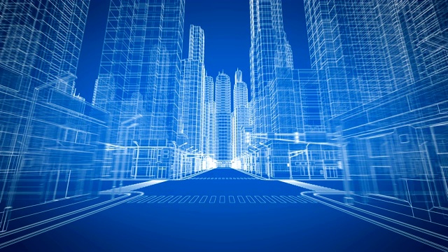 美丽的现代城市通过数字3d蓝图道路视图。施工与技术概念。蓝色3d动画循环。长版本。视频下载