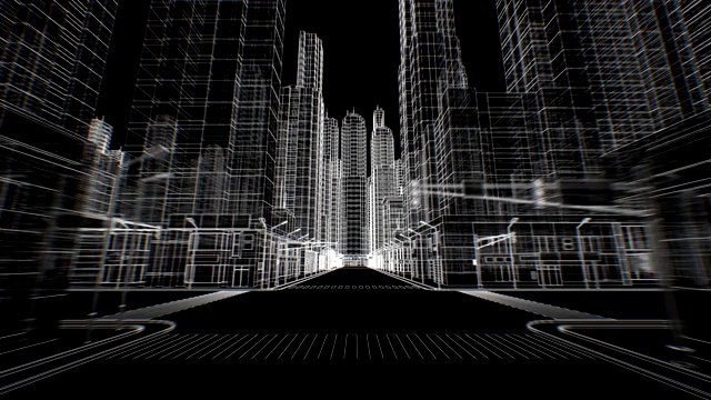 在黑色的无缝数字3d蓝图中移动的抽象现代城市的空街道。施工与技术概念。毛圈的3 d动画。视频素材