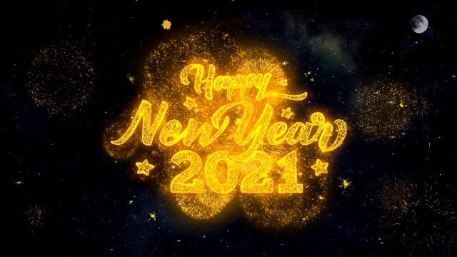 新年快乐2021_1文字祝福从烟花颗粒贺卡。视频下载