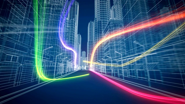 彩色数字流在美丽的现代抽象城市网格无缝飞行。数字和技术概念。毛圈的3 d动画。视频素材