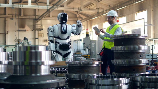 机器人正在工人的监督下重新安置金属零件视频素材