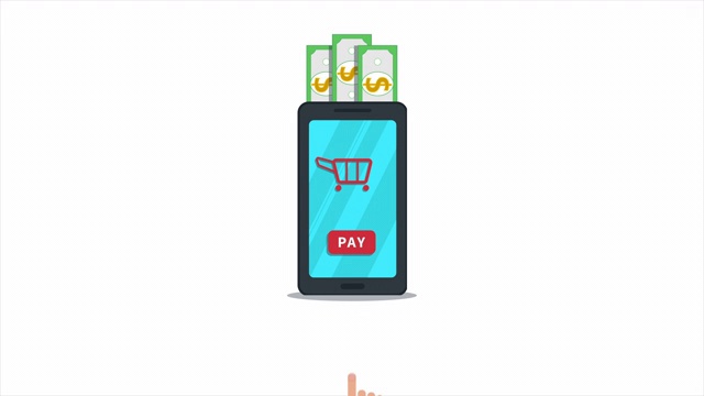 网上购物用手机app动画，经营理念。结帐付款。产品购买。手点击支付按钮在平板智能手机屏幕与购物车图标和美元现金。α视频下载