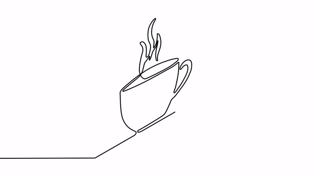 热咖啡蒸汽手柄，连续线条，黑色。自我绘画。等距动画视频下载