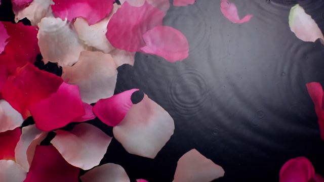 在黑色的背景下，吹去淹没在水中的粉红玫瑰花瓣，在水面上画出波浪涟漪的慢动作视频素材