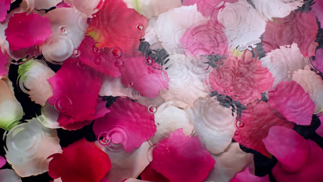 缓慢运动的波浪和涟漪水面与淹没粉红玫瑰花瓣在黑色的背景视频素材
