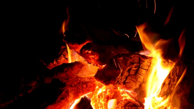 木材燃烧与橙色火焰在舒适的壁炉木材4K。视频素材