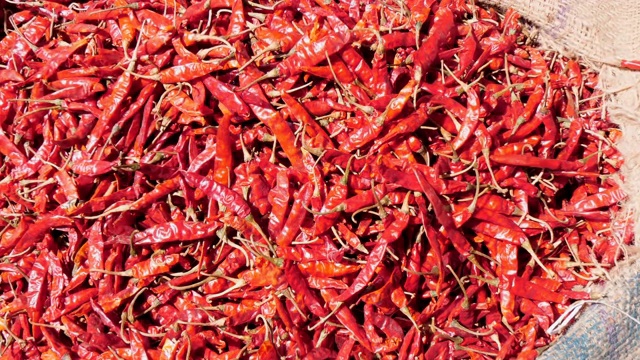 在旧德里的香料市场里，放大一袋干红辣椒视频素材