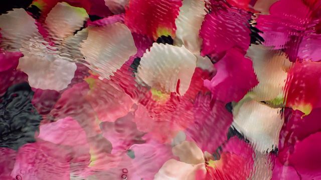 在黑色的背景下，吹去淹没在水中的粉红玫瑰花瓣，在水面上画出波浪涟漪的慢动作视频素材