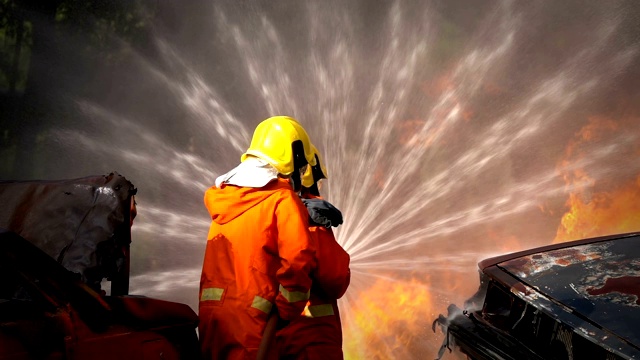 慢镜头消防队员使用消防水龙带扑灭一场火灾的汽车事故，交通事故视频素材
