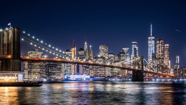 T/L WS ZI曼哈顿下城和布鲁克林大桥的夜晚/纽约市，美国视频素材